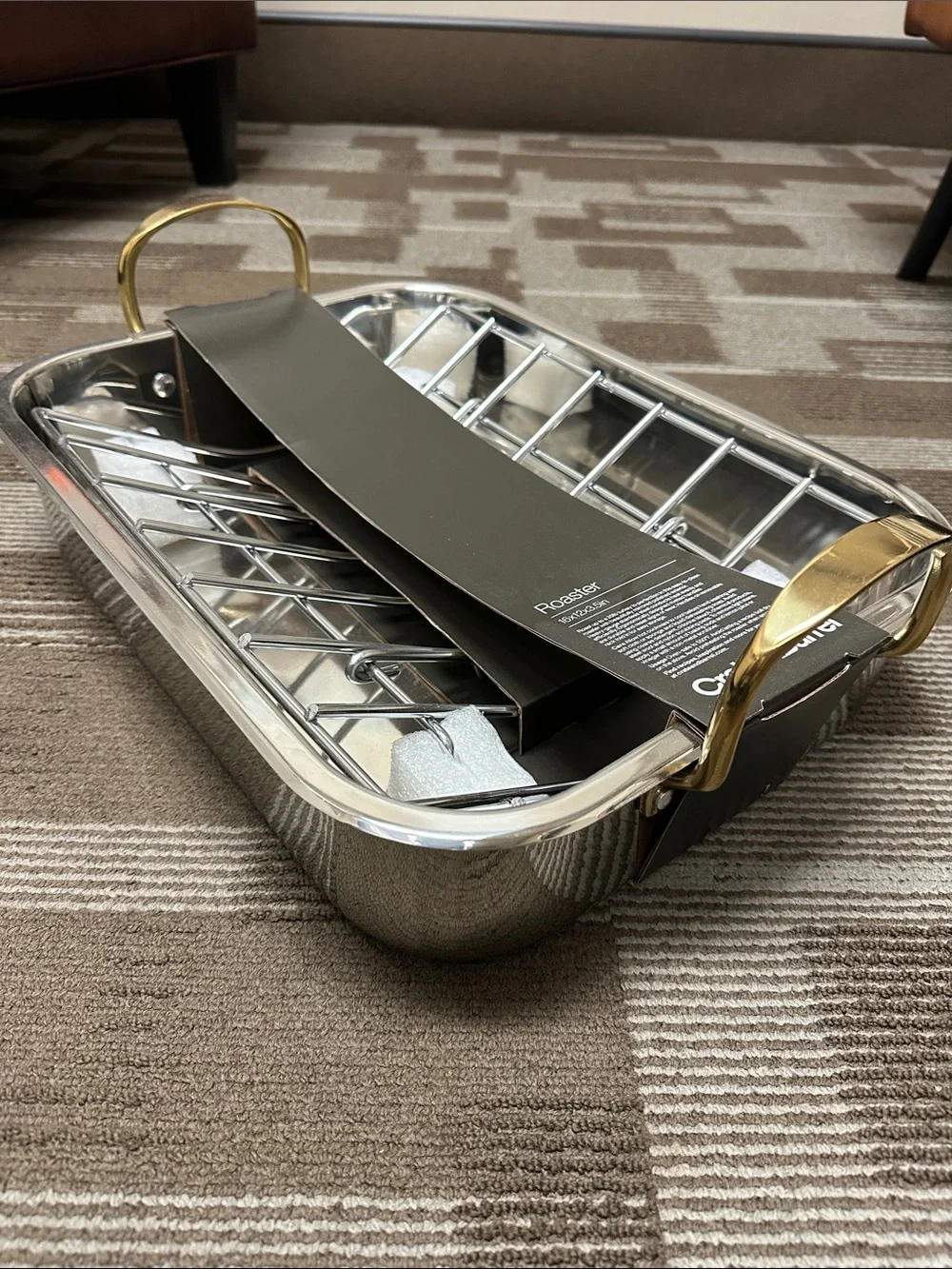 Crate&Barrel Stainless Steel Roaster with Gold Handles
